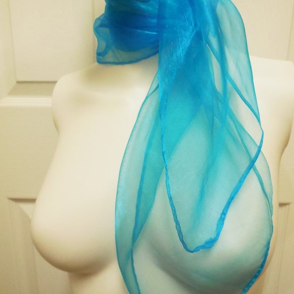 Vintage Scarf Square 22" x 22" blue organza see-through neckerchief - Picture 3 of 5
